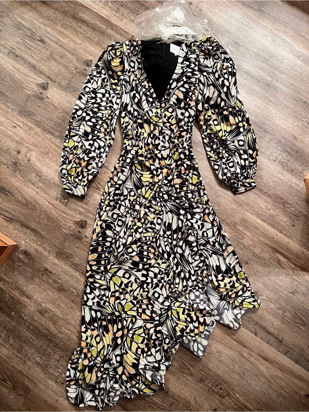 Asymmetrical Black Floral-Print Wrap Dress with Puff Sleeves